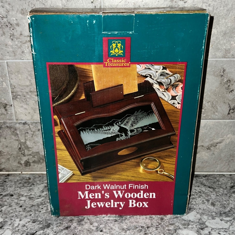 Vintage American Eagle Men's Wooden Jewelry Box Etched‎ Glass Dark Walnut